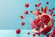 Pomegranate burst with berries and juice on blue background, vibrant fruit explosion