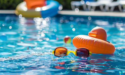 photo player at the pool with swimming equipment