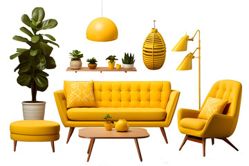 Yellow modern furniture items including a sofa, chair, planter, table, and lamp isolated on a transparent background for interior design.