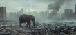A large elephant is walking through a city that is covered in trash and rubble