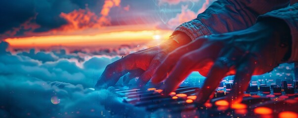 Naklejka na meble Augmented musician, bionic hands, enhanced dexterity, performing a mesmerizing concert in a hi-tech floating city above the clouds Photography, Silhouette lighting, Lens Flare