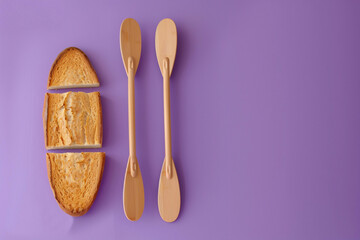 Sliced ​​bread on three pieces, the toast, which follows the kayak, on the side there are two wooden money boxes that resemble oars, the background is purple
