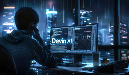 software engineer viewing devin ai on computer screen with concept of artificial intelligence fast s