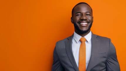 Wall Mural - Happy businessman in gray and orange. Ideal for themes of job satisfaction, positive corporate environments, and professional success.