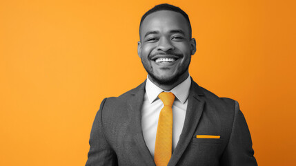 Wall Mural - A charismatic young man in a suit with an orange tie exudes ambition and approachability, ideal for business and marketing purposes.