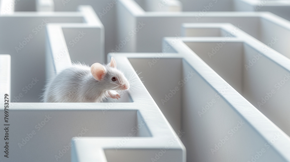 Ratón blanco de laboratorio en laberinto