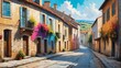 rural street town in France theme oil pallet knife paint painting on canvas with large brush strokes modern art illustration from Generative AI