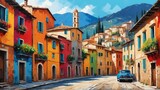 Fototapeta Uliczki - rural street town in italy theme oil pallet knife paint painting on canvas with large brush strokes modern art illustration from Generative AI