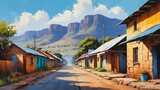 Fototapeta  - rural street town in south africa theme oil pallet knife paint painting on canvas with large brush strokes modern art illustration from Generative AI