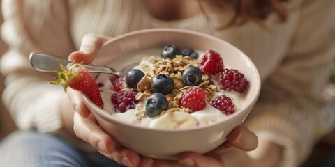 Wall Mural - A woman enjoying a bowl of yogurt with berries and granola for breakfast.