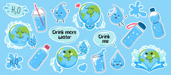 water big stickers set. planet earth, water drop characters, bottle. sticker pack.