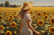 晴天に満開のひまわり畑を歩く女性、ブロンドの髪が麦わら帽子の下からなびいている、ワンピースを着て颯爽と歩いている