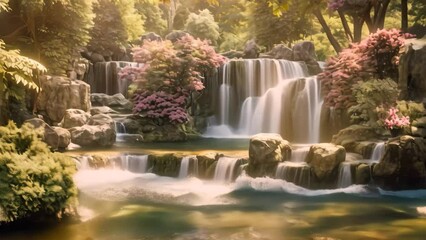 Canvas Print - Beautiful waterfall in the forest. Nature background. Toned, A picturesque waterfall in the park, AI Generated