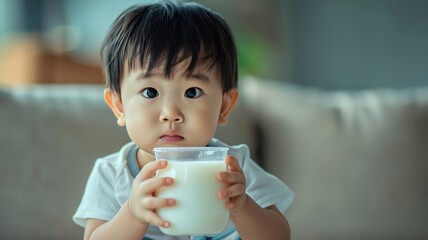 Wall Mural - World Milk Day, Asian child, 4 years old, 5w, holding milk