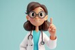 3d render. Cartoon character caucasian woman doctor wears glasses and uniform. Finger pointing up. Health care advice, medical science, Generative AI 