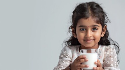 Wall Mural - World Milk Day,A 5 year old Indian girl sits holding a glass of milk for good health.