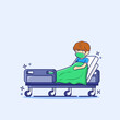 A man lying on a hospital bed. Patient in bed wearing face mask concept cartoon vector illustration