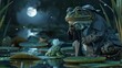 A detective frog in a classic trench coat peers through a magnifier, examining clues on lily pads under the moonlight