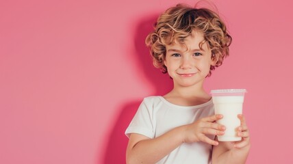 Wall Mural - child boy holding milk and One arm muscle stretching pose.