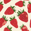 Seamless pattern of red strawberries with green leaves on a cream-colored background, ideal for fabric.