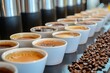 Enjoy diverse coffee cups, beans, notes in a vibrant cafe ambiance, emphasizing unique flavors