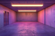 Empty futuristic room with purple lighting and metallic floor