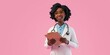 3d rendering. Black woman doctor holds clipboard and pen. Therapist cartoon character, healthcare professional, isolated on pink background. Medical insurance, Generative AI 