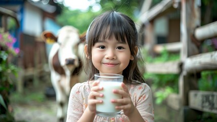 Wall Mural - World Milk Day, Five year old Asian girl sits holding a glass of healthy milk.