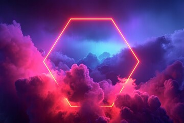 Wall Mural - 3d rendering, abstract neon background with stormy cloud and hexagonal frame glowing with colorful light, Generative AI 