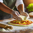 Pizza Process Dough Preparation Close-up shots of the hands kneading and stretching pizza dough on a floured surface, 