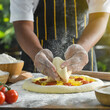 Pizza Process Dough Preparation Close-up shots of the hands kneading and stretching pizza dough on a floured surface, 