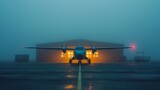 Fototapeta  - Aircraft Ready for Departure in Misty Airport Dawn. Stationary aircraft awaits takeoff on a foggy runway, with a warm glow from the airport hangar signaling the start of a new day.