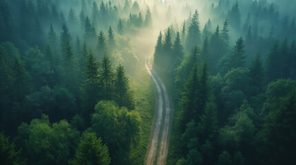 Sticker - A winding road in a green forest.