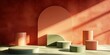 3d render, abstract modern showcase with empty podiums and assorted geometric shapes isolated on terracotta background and illuminated with sunlight, Generative AI 