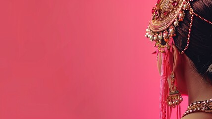 Side profile of a woman adorned with traditional Indian bridal jewelry against pink backdrop.