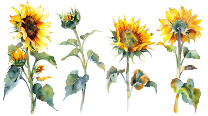Wall Mural - Set sunflowers, watercolor illustration, isolated white background, flora design , cut out