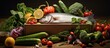 A fresh fish is placed on a rustic wooden box amidst a variety of colorful vegetables. This scene showcases natural foods and ingredients for a delicious recipe or cuisine