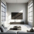 © Fabian - Televisión colocada sobre una mesa de madera con soporte para televisión, en un espacio vacío mínimo, sala de estar, fondo de pared blanca.