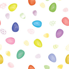 Wall Mural - Easter seamless gentle vector pattern with bunnies and easter eggs over white background. Easter holiday decor for website, package, greeting card design