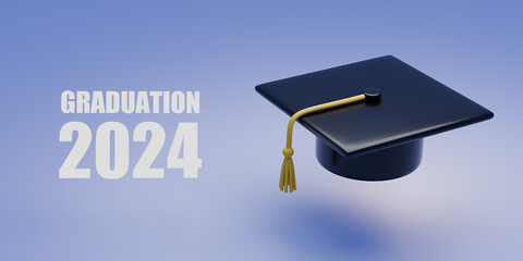 3d illustration of word graduation with graduate caps on blue background. Caps thrown up. Graduates 2024 class of graduations. 3d render of greeting, banner, invitation card