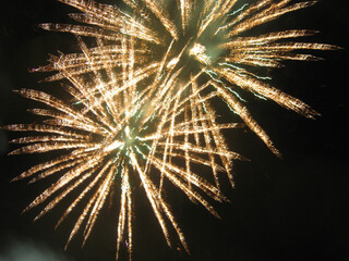 large fireworks exploding in the black night sky with smoke