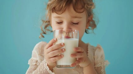 Wall Mural - World Milk Day with a white girl drinking milk in a glass.