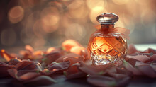 Perfume Bottle Among Rose Petals.