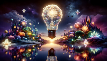 A light bulb made entirely from an array of exotic flowers, radiating a magical glow.