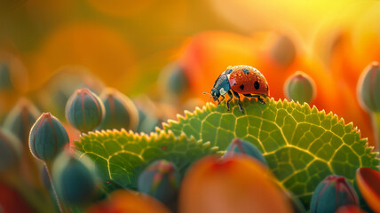 Wall Mural - Ladybug on a leaf with dew drops.