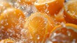Vitamin C serum particles transforming into vibrant, juicy oranges