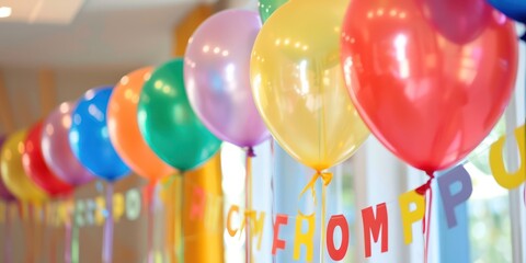 Wall Mural - A welcome banner with colorful balloons in the background.