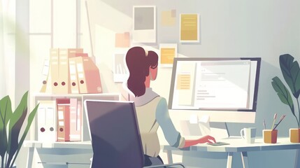 Wall Mural - illustration of a woman working in an office at a computer, white background, copy and text space, 16:9