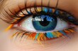 Stunning blue human eye with beautiful multi-colored feathers on the eyelashes, close-up macro shot