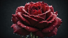 A Close-up Of A Dark Red Rose With Water Droplets On Its Petals, Set Against A Dark, Blurred Background